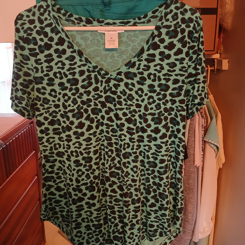 Green Leopard Print V-Neck Top